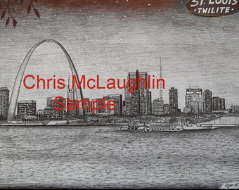 May include: A black and white pen and ink drawing of the St. Louis skyline, featuring the Gateway Arch and the Mississippi River. The drawing is titled "Chris McLaughlin Sample" and includes the text "St. Louis Twilite."