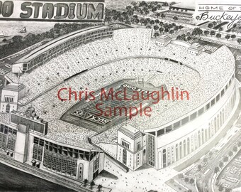 May include: A black and white pencil drawing of Ohio Stadium, home of the Buckeyes. The stadium is shown from an aerial perspective, with the field and surrounding area visible. The drawing is signed "Chris McLaughlin Sample".
