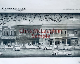 May include: A detailed black and white drawing of Clarkesville, Georgia, featuring storefronts, classic cars, and the Magnolia Cafe. The drawing includes the text "Clarkesville Georgia" and "Habersham County". The image has a vintage, nostalgic feel.
