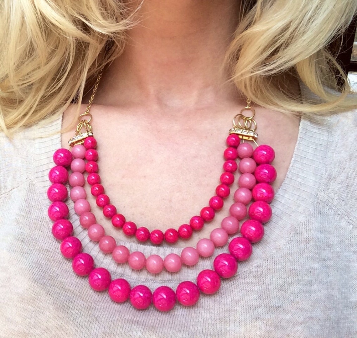 Chunky Layered Gemstone Necklace Pink Bubble Statement Etsy