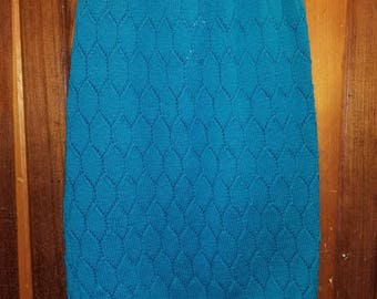 TIPPI HEDREN SKIRT // 80's Teal Green Blue Crochet Knit Hippie Hipster Skirt Elastic Waist