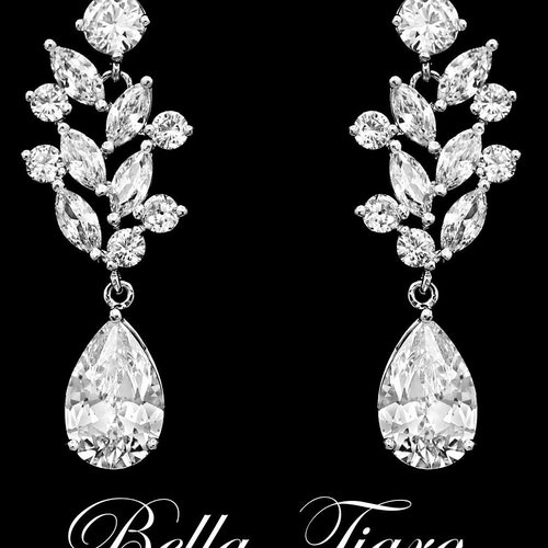 White Flower Dangle Wedding Earrings Crystal Vine Earrings Etsy