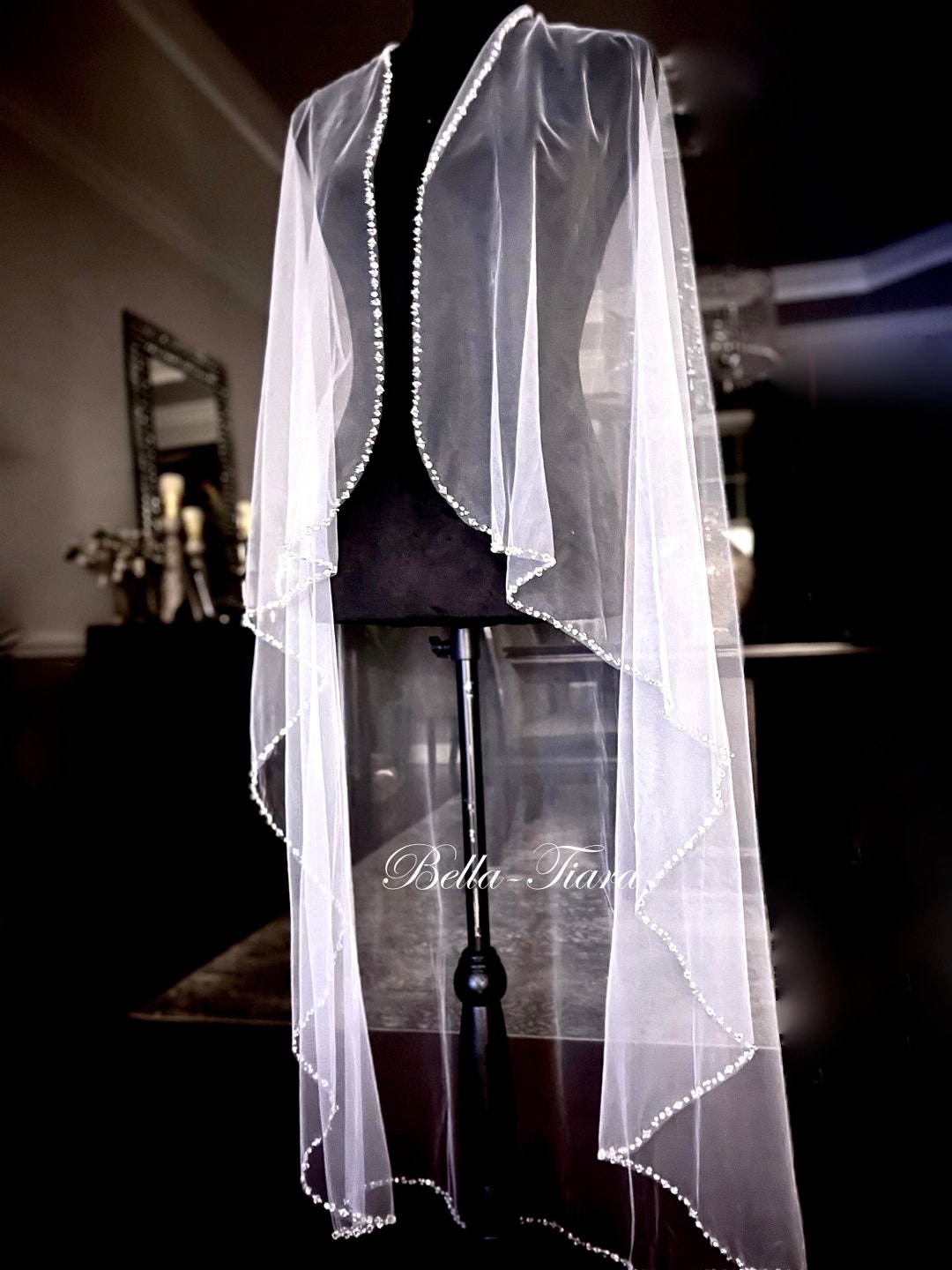 Crystal Trim Wedding Veil, Crystal and Pearl Edge Veil, Waltz Length