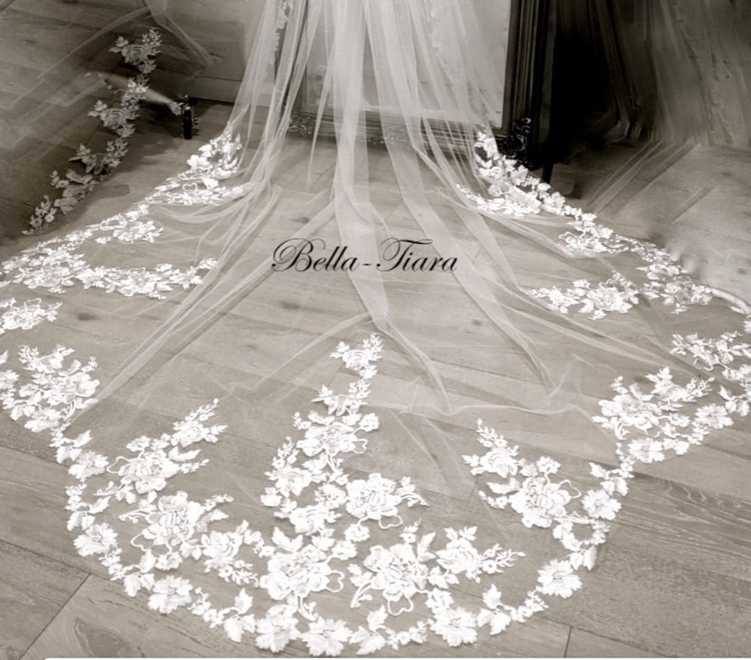 Lace Cathedral Veil Floral Wedding Veil Flower Long Wedding Etsy