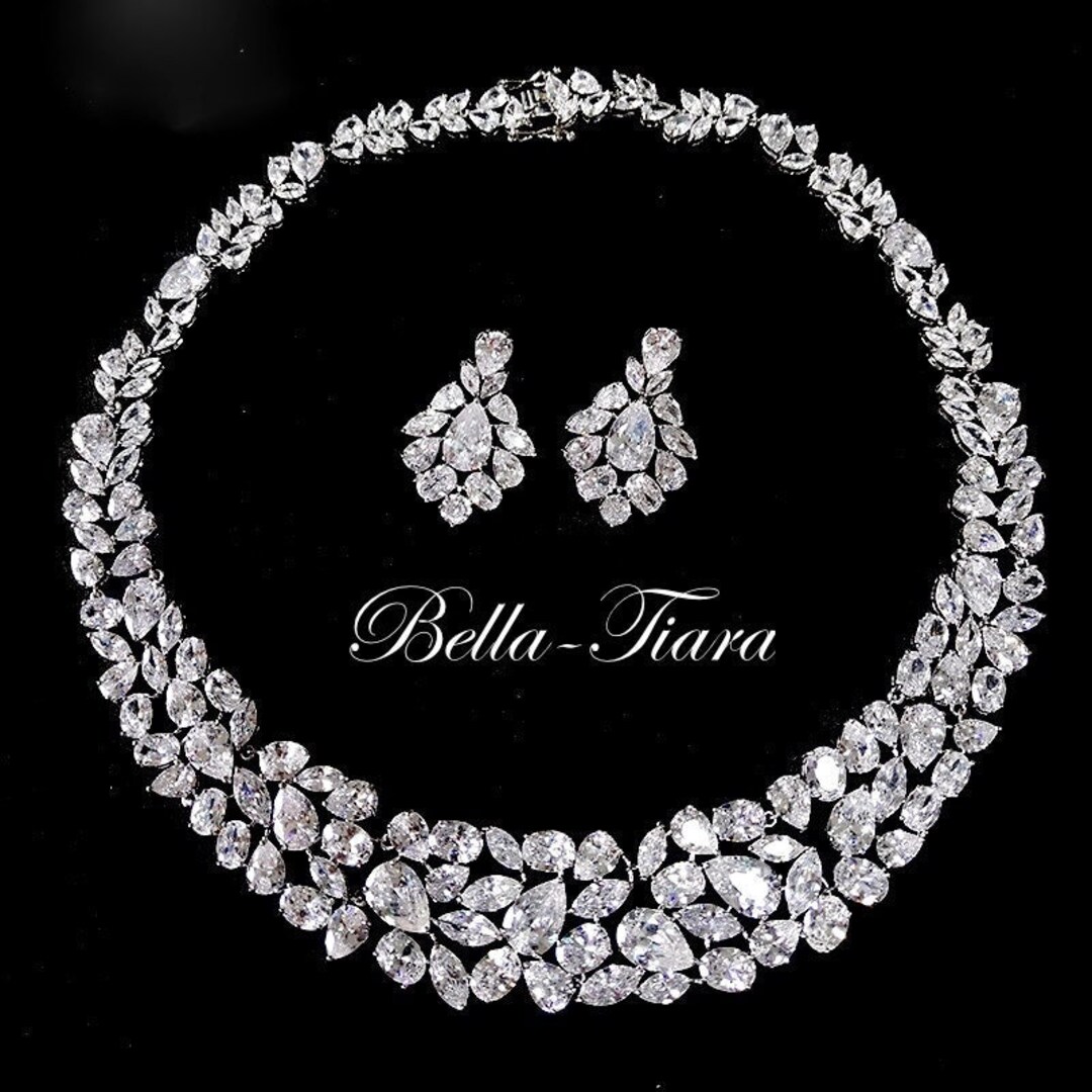 Silver Crystal Statement Necklace Set, Bridal Necklace Jewelry, Wedding Necklace Set, Evening
