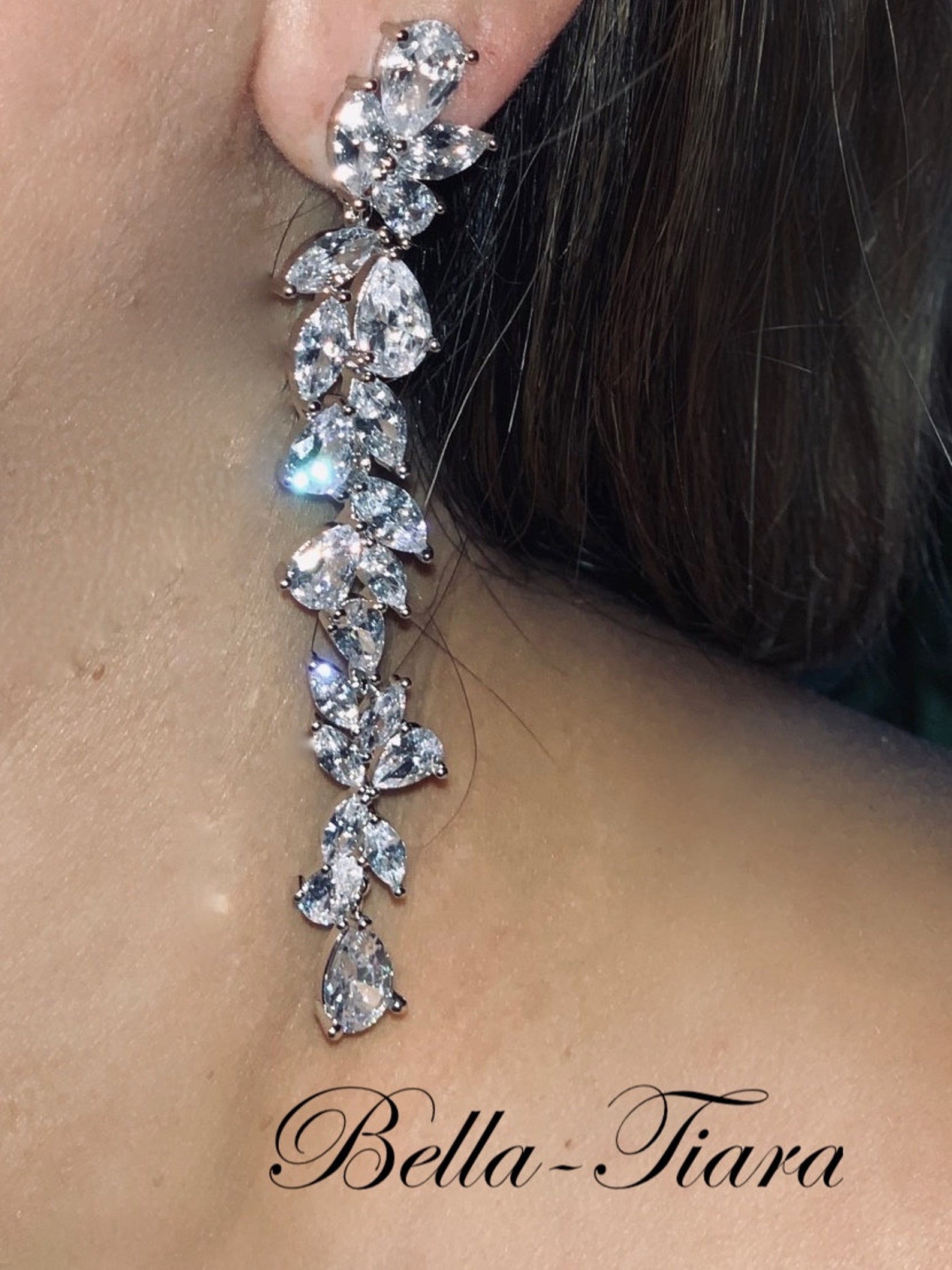 Silver Long Crystal Drop Earrings Vine Long Drop Bridal Etsy