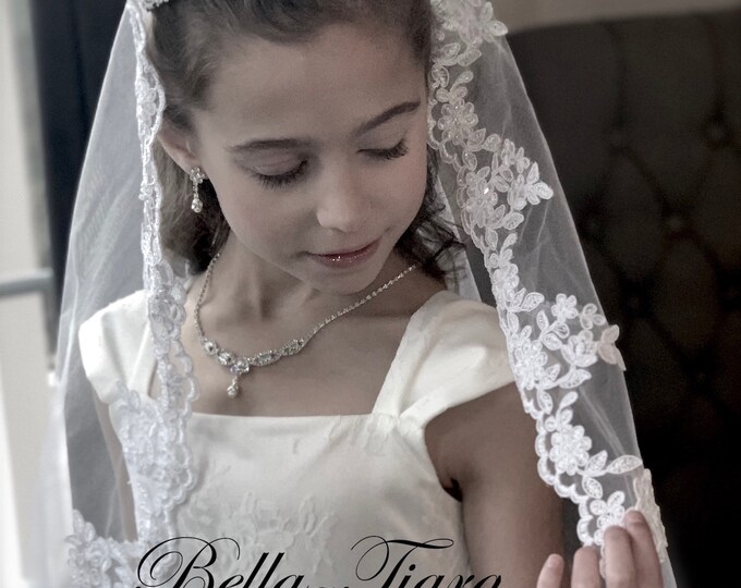 Lace Communion Veil, Long Communion Veil, Beaded Lace Communion Veil