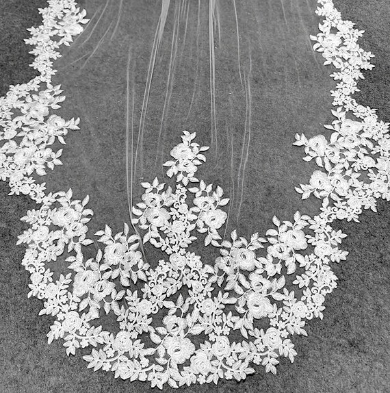 Floral Lace Edged Cathedral Veil Black Bridal Veil Wedding Veil ACC1181