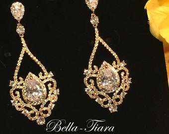 rose gold chandelier earrings, rose gold bridal earrings, rose gold Swarovski crystal bridal earrings, gold crystal earrings