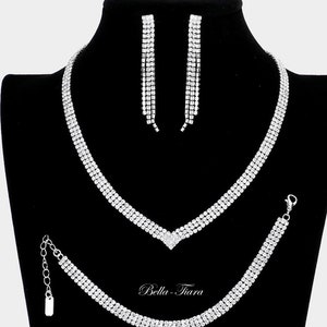 Wmkox8yii Exquisite Rhinestone Chain Necklace Set Diamond Necklace and Earrings Two-Piece Wedding Bridal Jewelry Set, Women's, Size: Free size, Silver