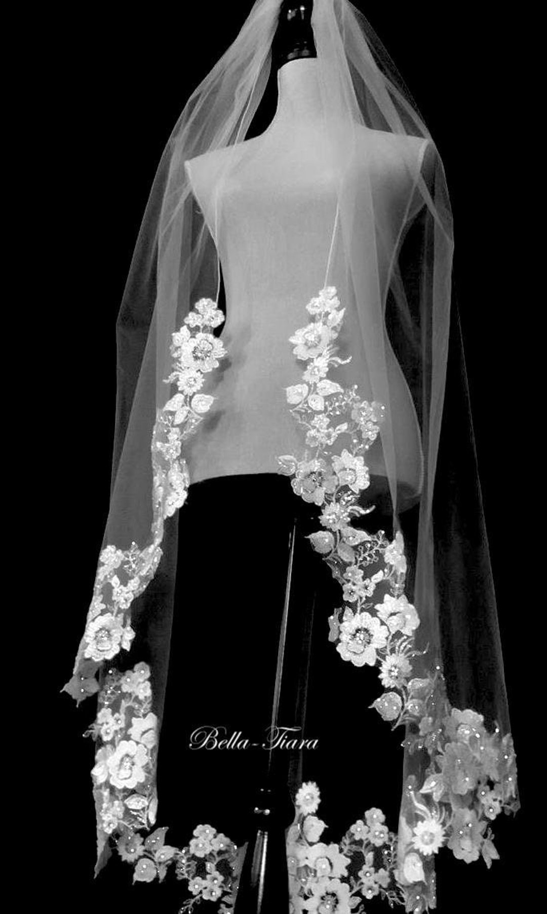 Beaded Floral Lace Waltz Length Wedding Veil C537