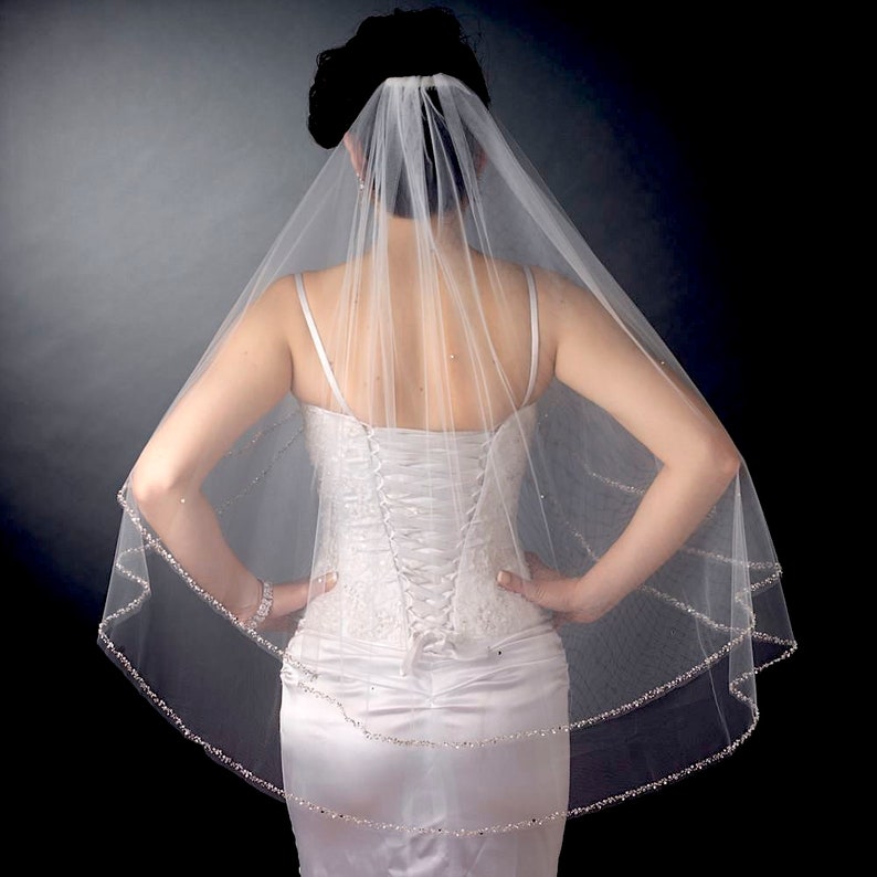 Crystal Beaded Edge Wedding Veil Two Tier Pearl Crystal Etsy