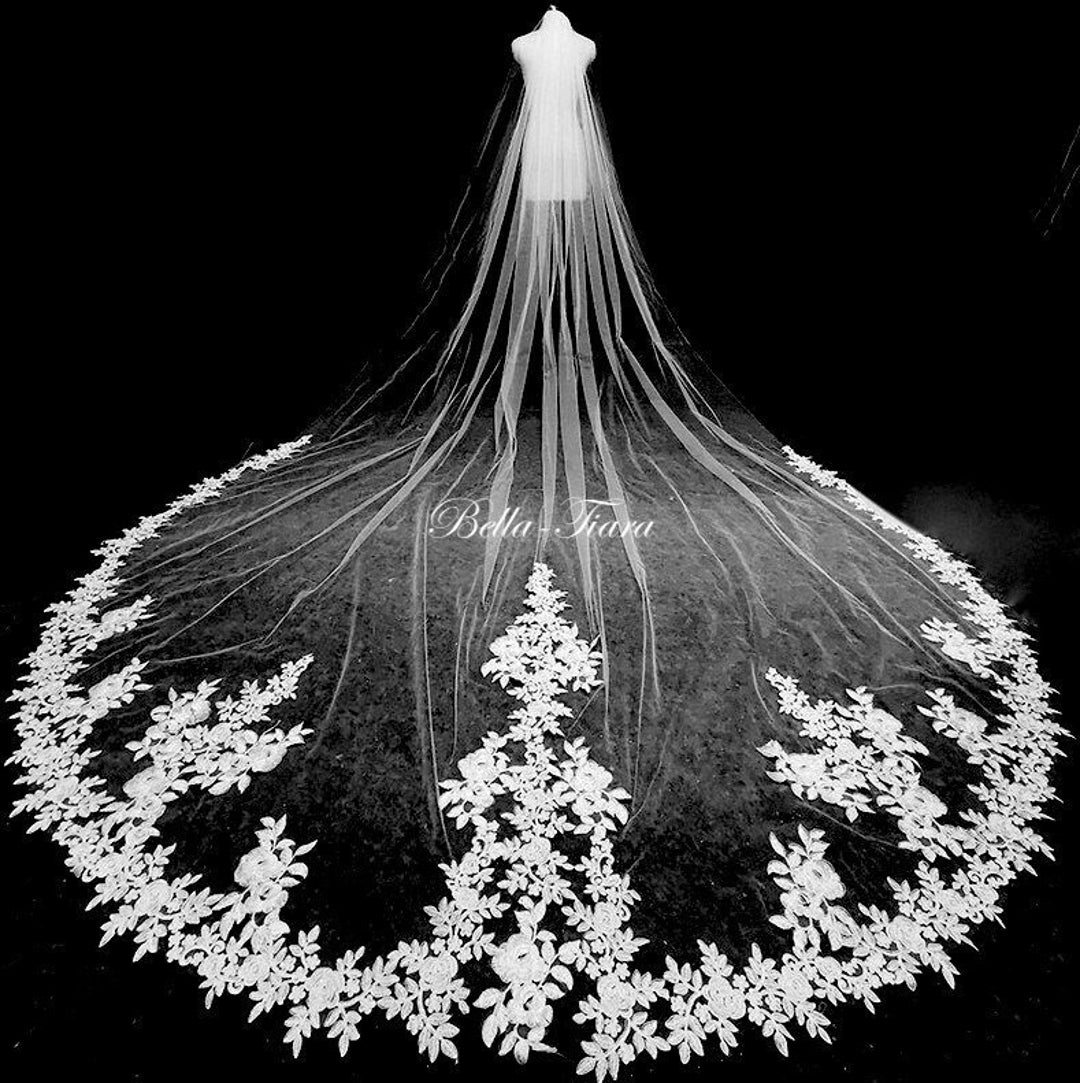 Flower Trim Lace Wedding Veil, Royal Cathedral Wedding Veil, Cathedral