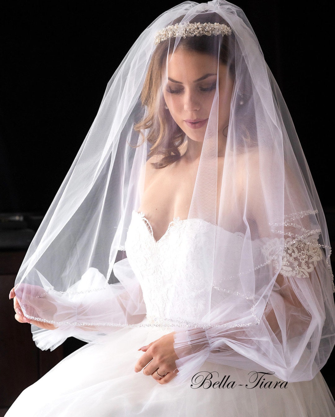 Brydealo Factory Beaded Two-Tiered Fingertip Length Designer Wedding Veil