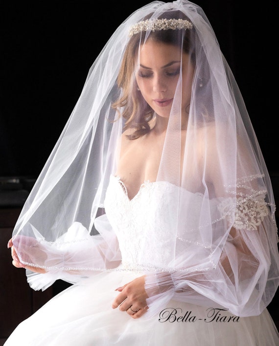 1-Tier 108 Ivory Cathedral Bridal Veil Edged With Crystal Rhinestone,  Pearl & Bugle Bead Trim