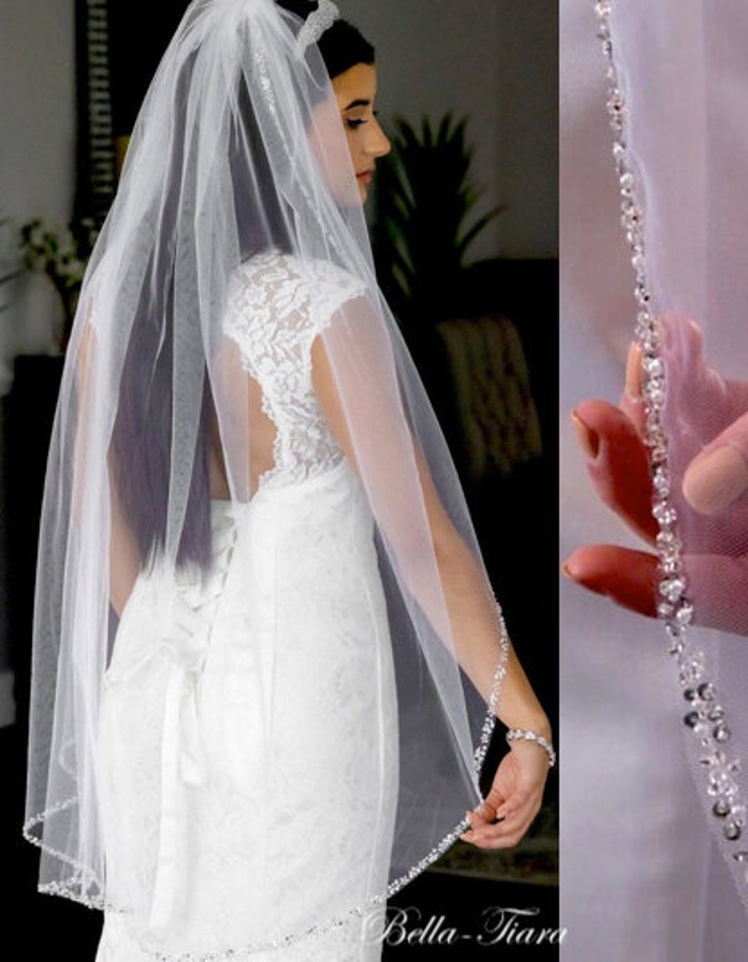 Beaded Edge Cathedral Veil, Crystal Pearl Edge Wedding Veil, Beaded