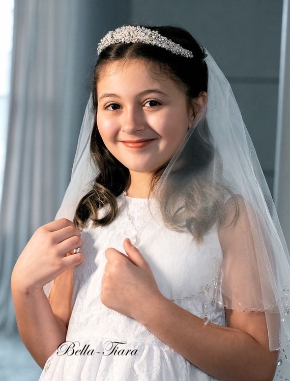 First Communion Wreath Veil With Pearls and Crystals, Catholic First Communion  Veils