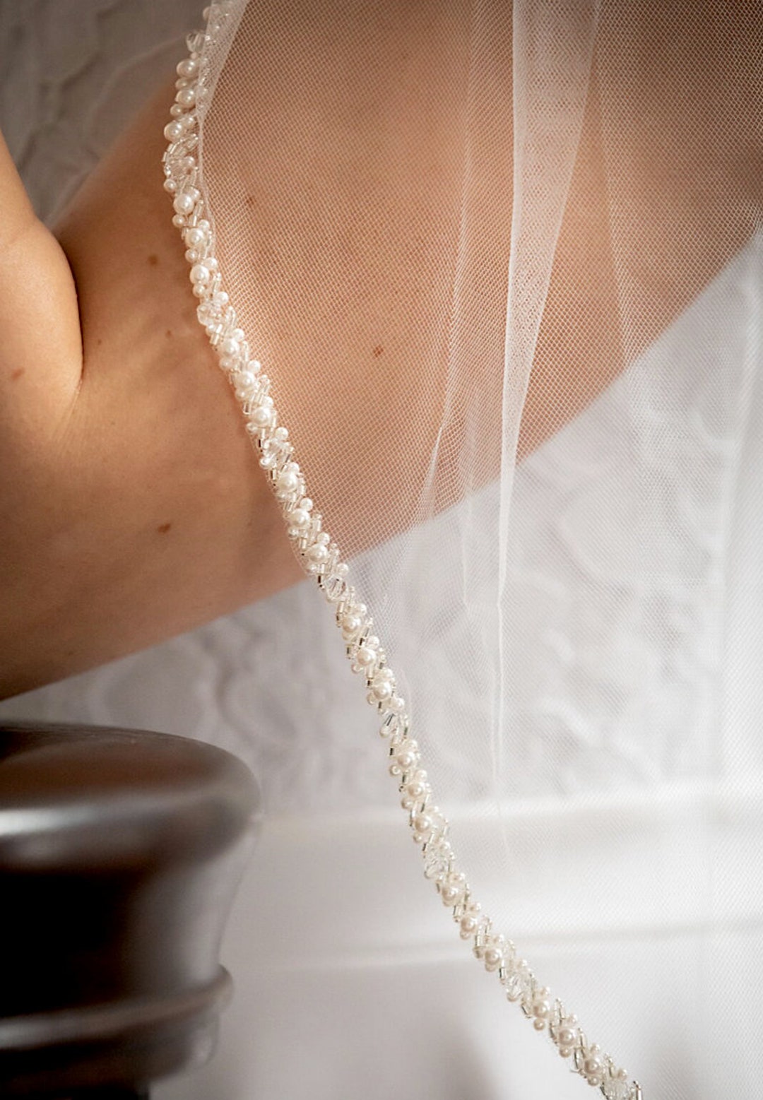 Beaded Pearl Edge Wedding Veil, Pearl Edge Veil, 1 Tier Short Beaded