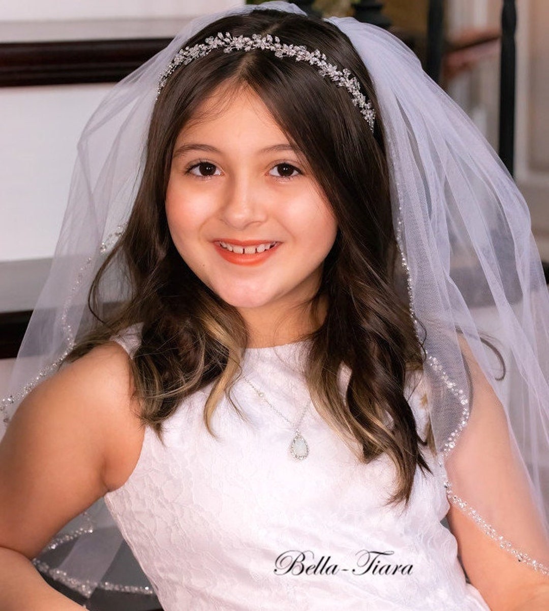 Crystal Beaded Edge First Communion Veil Pearl Crystal Edge Etsy