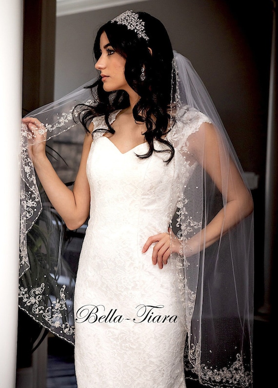 Alexis - one layer cathedral length veil with scattered pearls & crystals