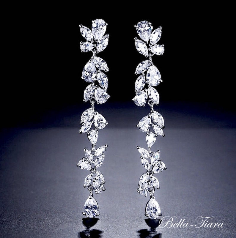 silver long crystal drop earrings vine long drop bridal image 1