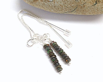 Black opal threader earrings. Gemstone dangle earrings. Opal jewelry. Gifts for her. Chain threader earrings