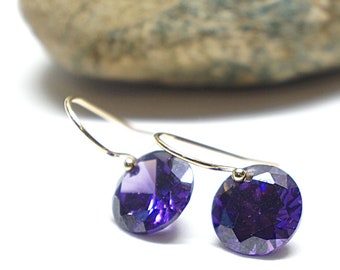 Purple tiny crystal earrings for women. Small gold filled drop earrings with amethyst cubic zirconia. Tiny drop earrings