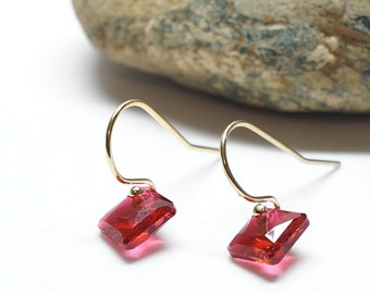 Red tiny crystal earrings. Small gold filled drop earrings with red princess cut crystal. Tiny drop earrings. Gifts for her