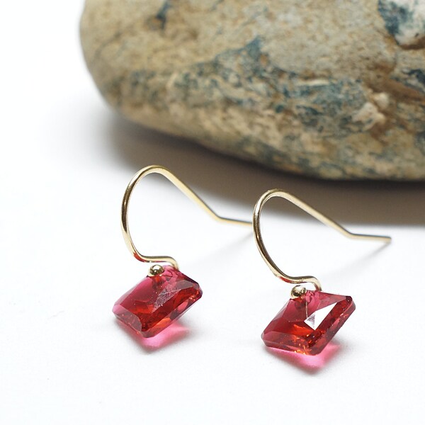 Red tiny crystal earrings. Small gold filled drop earrings with red princess cut crystal. Tiny drop earrings. Gifts for her