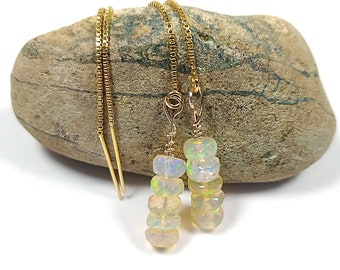 Ethiopian opal threader earrings. Gemstone dangle earrings. Opal jewelry. Chain threader gold filled earrings. Gifts for her