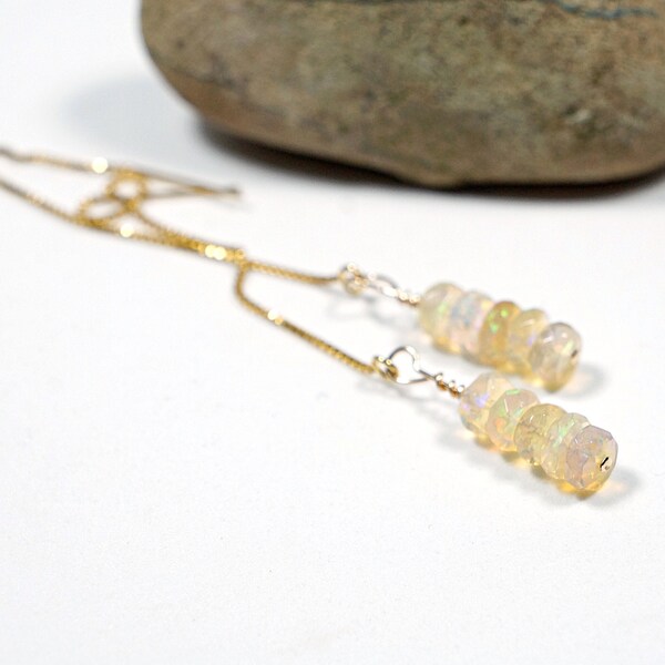 Ethiopian opal pull through earrings. Gemstone dangle earrings. Long threader earrings. Chain thread through gold filled earrings