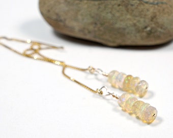 Ethiopian opal pull through earrings. Gemstone dangle earrings. Long threader earrings. Chain thread through gold filled earrings