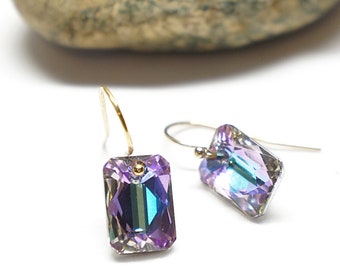 Tiny crystal earrings. Small gold filled drop earrings with purple emerald cut crystal. Small gold dangle earrings for women