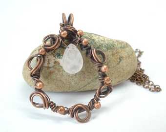 Copper necklace. Unique necklaces for women. Copper and quartz pendant necklace