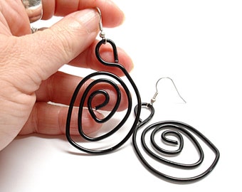 Big black dangle earrings. Modern aluminium spiral earrings.  Contemporary statement aluminum jewelry.