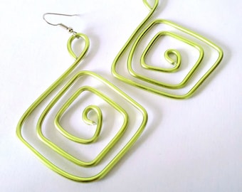 Aluminium square spiral earrings. Contemporary aluminum jewelry.  Gift for her. Green dangle earrings.