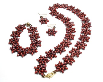 Beaded jewelry set for women. Brown and red superduo bracelet necklace and earrings.
