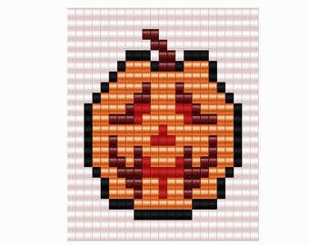 May include: A pixelated orange pumpkin with a black outline and a red, toothy grin. The pumpkin has a small green stem on top.