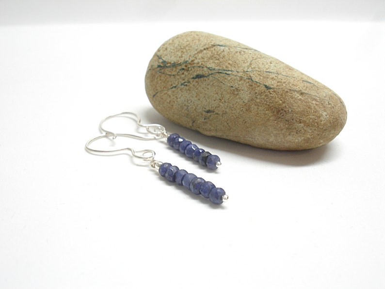 Raw sapphire minimalist earrings. Gift for her. Gemstone jewelry. Dainty dangle birthstone earrings. September birthday gift image 6
