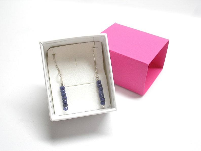 Raw sapphire minimalist earrings. Gift for her. Gemstone jewelry. Dainty dangle birthstone earrings. September birthday gift image 10