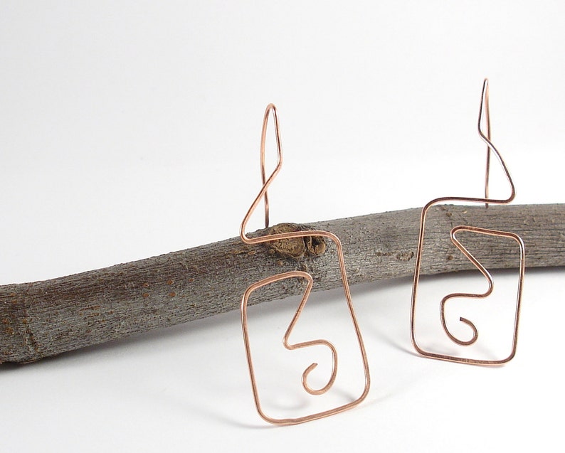 Jewelry Geometric earrings Copper thread through earrings Dangle earrings Gift for her
