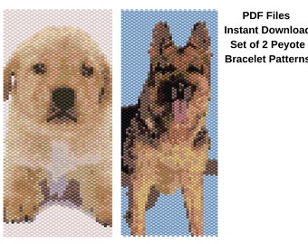 Set van 2 peyote-patronen met hond, downloadbaar PDF-patroon voor peyote-armband met hond.