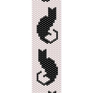 May include: A black and white beaded bracelet featuring a repeating pattern of black cat silhouettes.