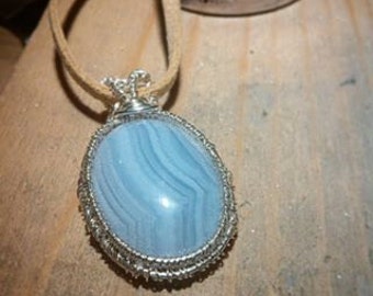 Wife blue necklace Blue lace agate necklace Pendant necklace Copper wire wrapped pendant