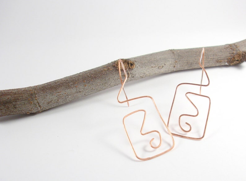 Jewelry Geometric earrings Copper thread through earrings Dangle earrings Gift for her