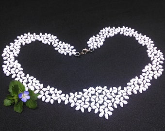 Wedding necklace. Bib bridal beaded necklace. Wife white jewelry. Handmade statement necklace