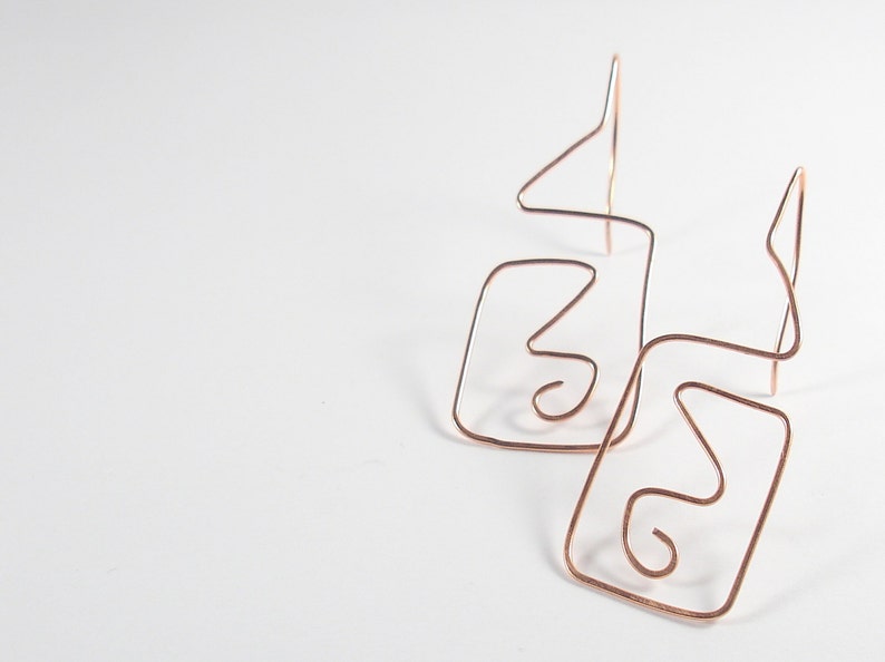 Jewelry Geometric earrings Copper thread through earrings Dangle earrings Gift for her
