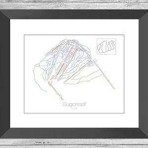 Sugarloaf Map Maine Me Ski Snowboard Karte Kunst --- Druck, Poster, Bild --- Rahmen, Geschenk, Geschenk --- Resort, Berg, Schnee, Winter