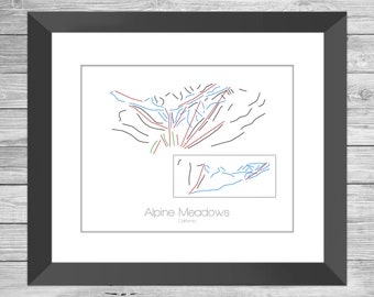 Puede incluir: Una ilustración en blanco y negro de línea de arte del mapa de la estación de esquí de Alpine Meadows, California. El mapa muestra las diferentes pistas de esquí y los remontes. El mapa está enmarcado en un marco negro.