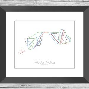 Hidden Valley Kaart Pennsylvania Pa Ski Snowboard Trail Kaart Kunst --- Print, Poster, Foto --- Frame, Gift --- Resort, Berg, Sneeuw, Winter